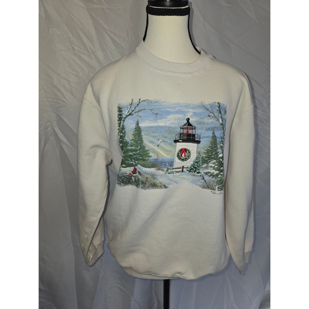 Vintage TopStitch by Morning Sun Cream Lighthouse Winter Scene Sweatshirt Wome L